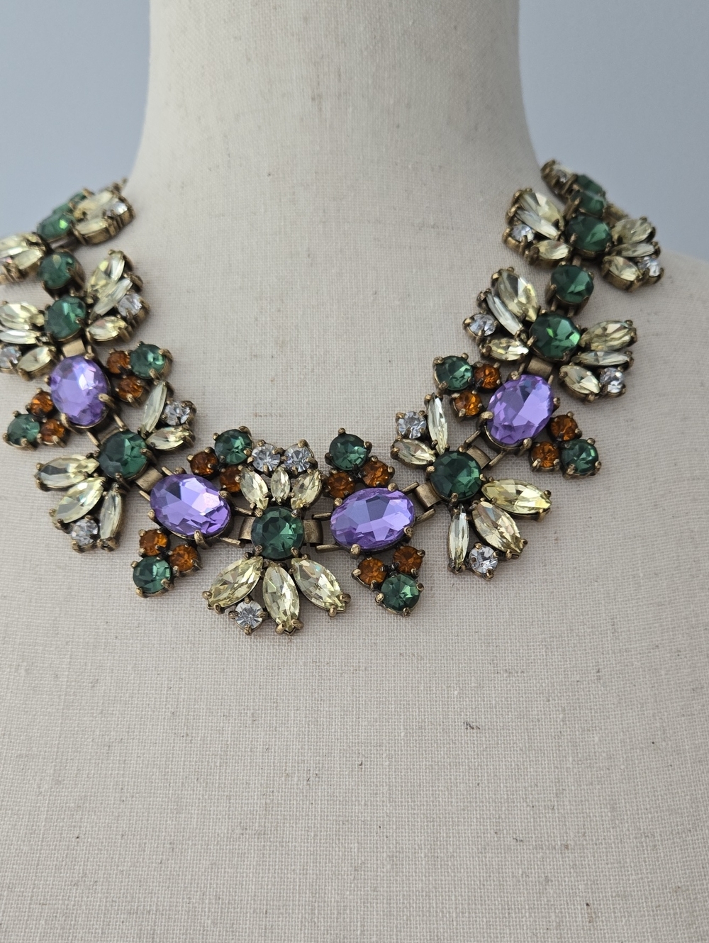 Vintage J.Crew Crystal Floral Cluster Statement Necklace Purple Green Gold